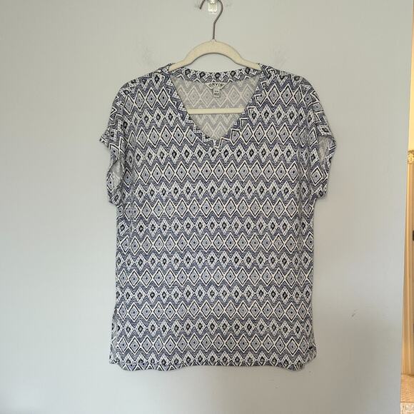 Orvis Diamond Print Cap Sleeve Top Size Small V-Neck Blue Stretch Lightweight - Picture 1 of 9